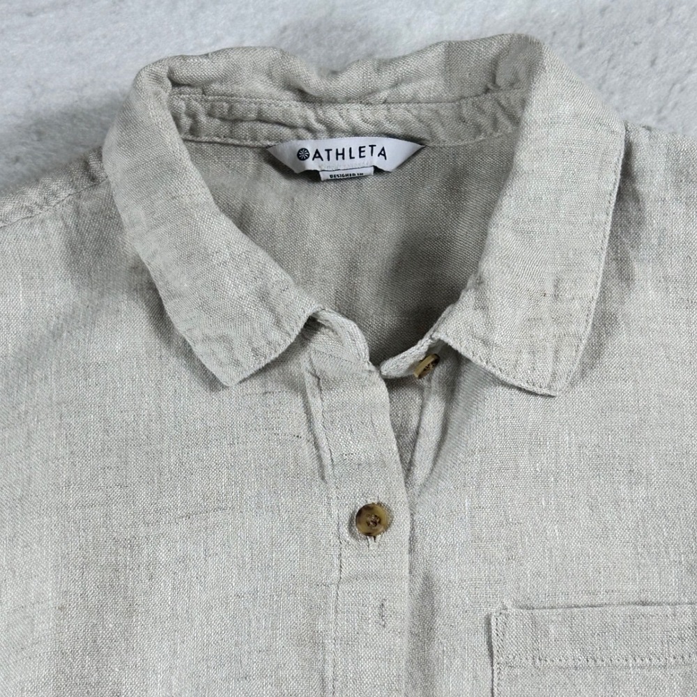 Athleta Retreat 100%Linen Shirt Womens S Undyed Cropped Short Sleeve Button Down